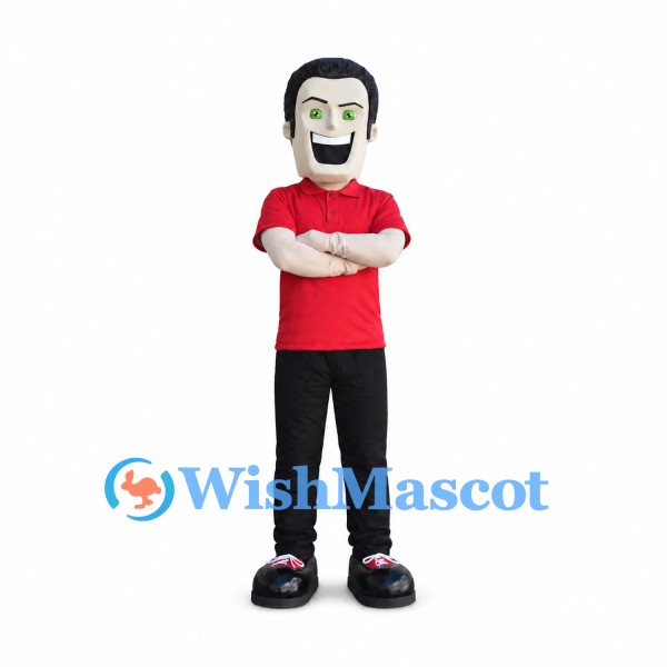 Man Mascot Costume with Black Hair and Red Polo Shirt