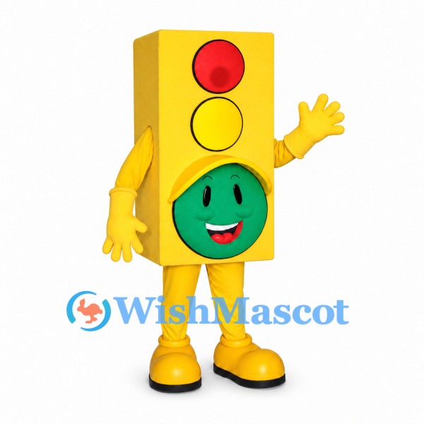 Traffic Light Mascot Costume in Yellow with Smiling Green Signal
