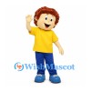 Boy Mascot Costume with Brown Curly Hair and Yellow T-Shirt