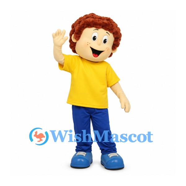 Boy Mascot Costume with Brown Curly Hair and Yellow T-Shirt