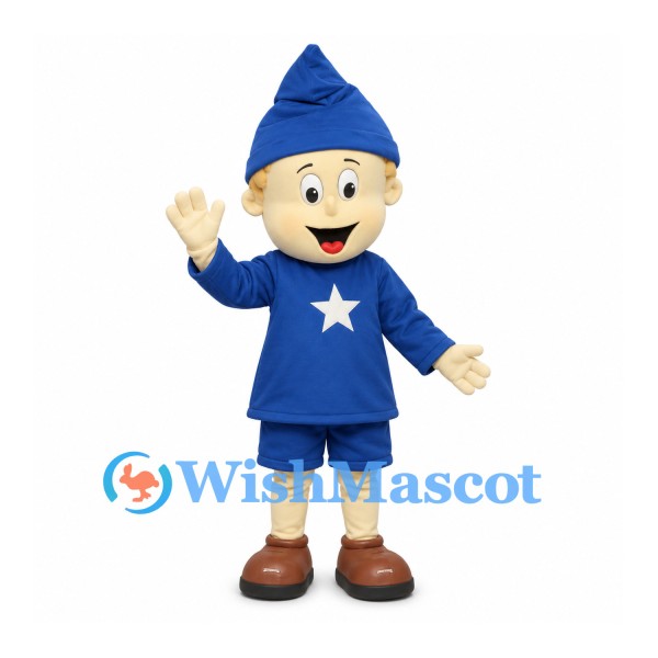 Wizard Mascot Costume with Blue Pointed Hat and Star Tunic