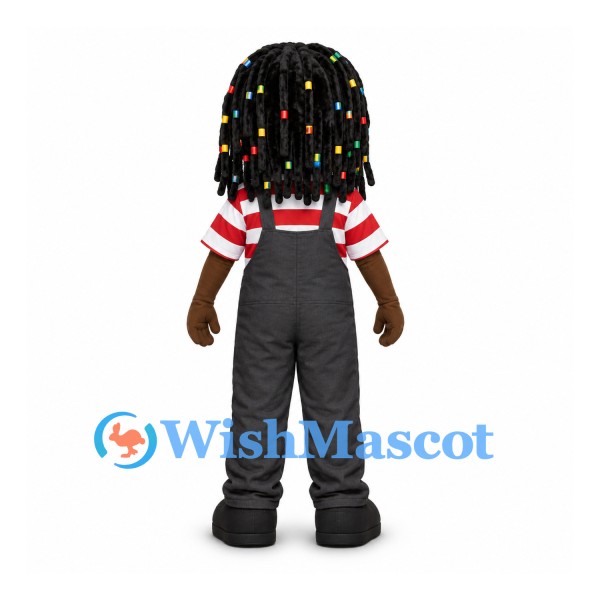 Girl Mascot Costume with Beaded Braids and Black Overalls