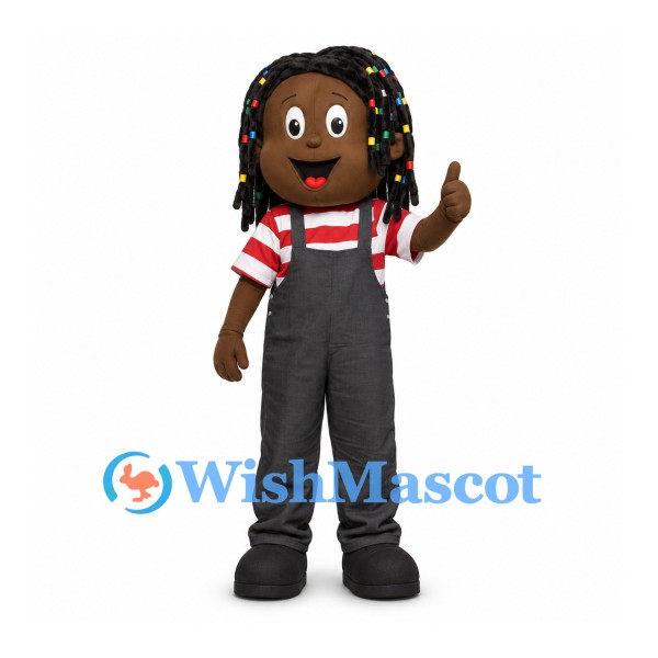 Girl Mascot Costume with Beaded Braids and Black Overalls