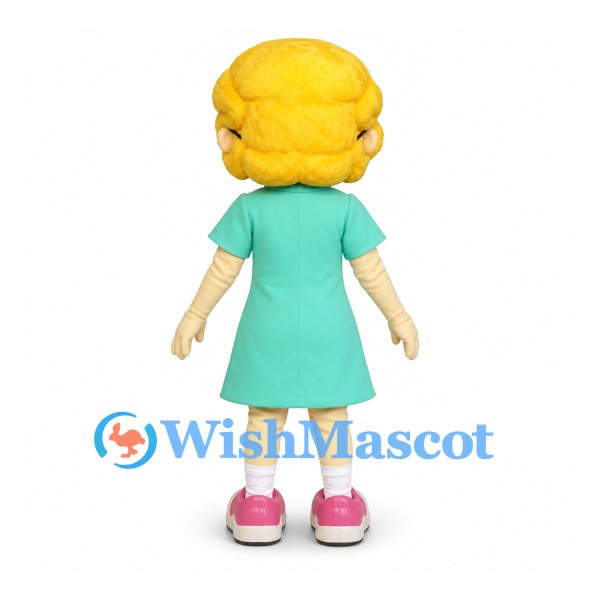 Girl Mascot Costume with Blonde Hair, Glasses and Mint Dress