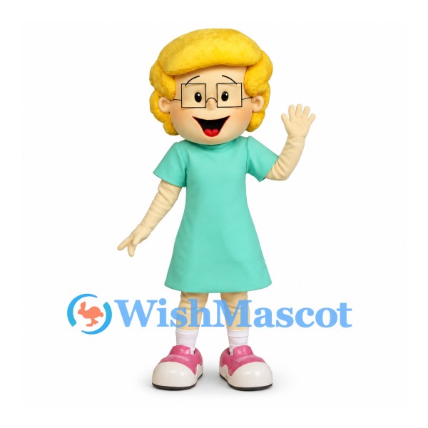 Girl Mascot Costume with Blonde Hair, Glasses and Mint Dress