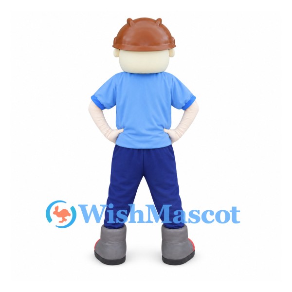 Miner Mascot Costume with Brown Hard Hat and Blue Outfit