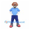 Miner Mascot Costume with Brown Hard Hat and Blue Outfit