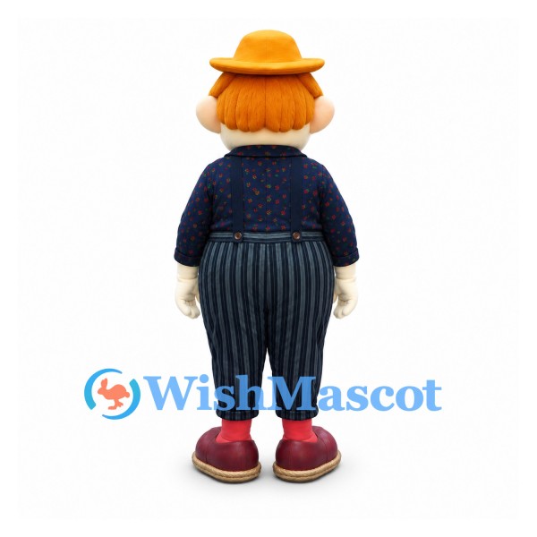 Clown Mascot Costume with Orange Hat and Striped Trousers