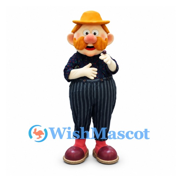 Clown Mascot Costume with Orange Hat and Striped Trousers