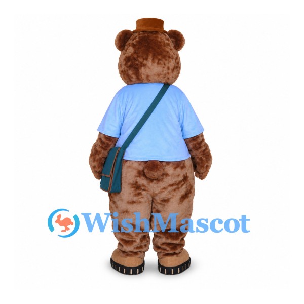 Bear Mascot Costume with Blue Shirt and Shoulder Bag