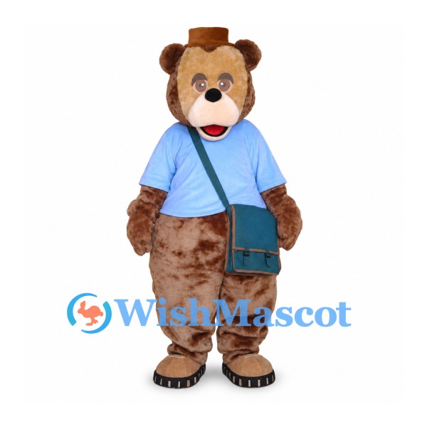 Bear Mascot Costume with Blue Shirt and Shoulder Bag