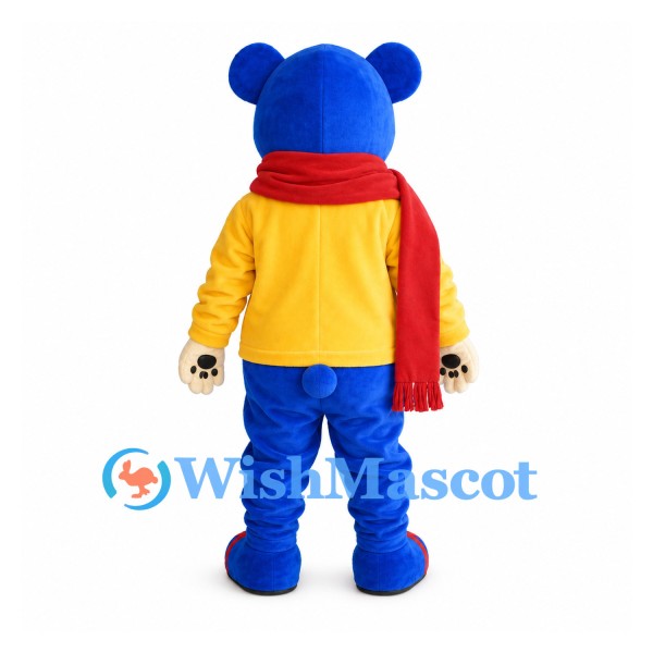 Bear Mascot Costume in Blue with Yellow Shirt and Red Scarf