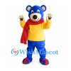Bear Mascot Costume in Blue with Yellow Shirt and Red Scarf