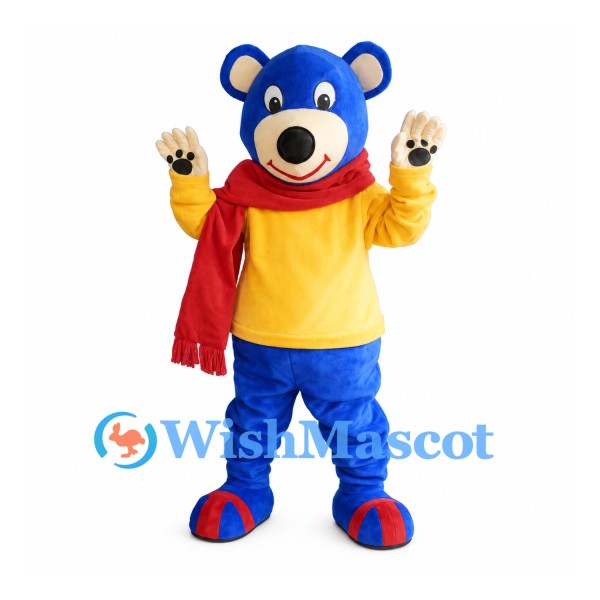 Bear Mascot Costume in Blue with Yellow Shirt and Red Scarf