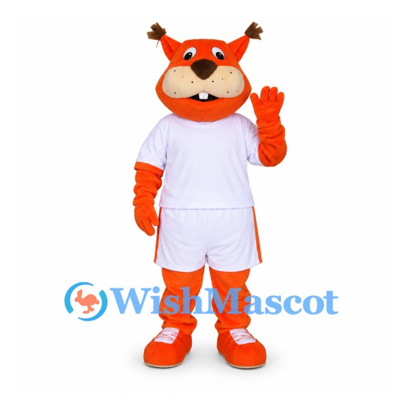 Squirrel Mascot Costume in Orange with White Sports Uniform