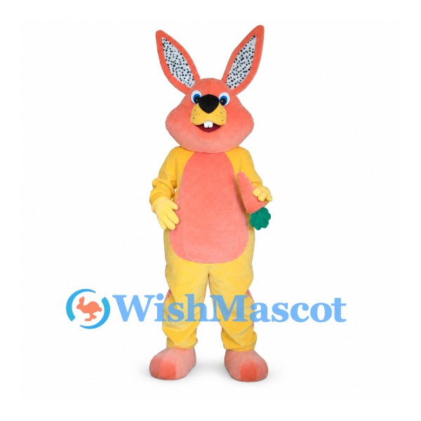 Rabbit Mascot Costume in Coral and Yellow with Patterned Ears