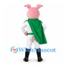 Pig Mascot Costume with White Superhero Suit and Green Cape