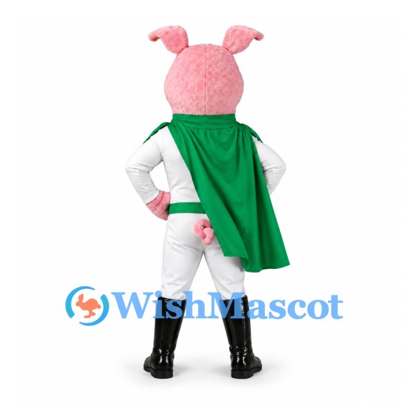 Pig Mascot Costume with White Superhero Suit and Green Cape