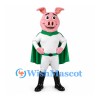 Pig Mascot Costume with White Superhero Suit and Green Cape