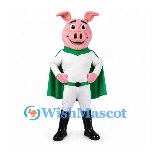 Pig Mascot Costume with White Superhero Suit and Green Cape