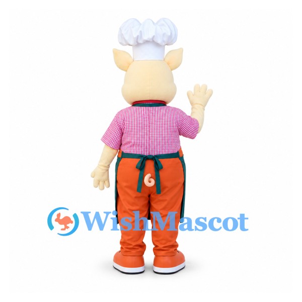 Pig Mascot Costume with White Chef Hat and Green Apron
