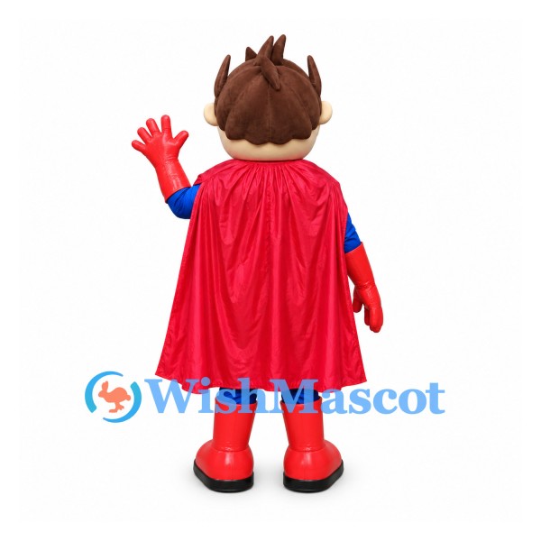 Superhero Mascot Costume with Brown Spiky Hair and Red Cape