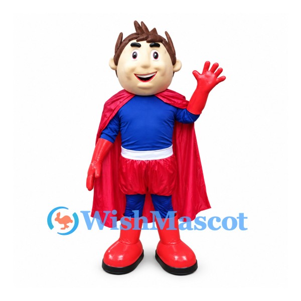 Superhero Mascot Costume with Brown Spiky Hair and Red Cape