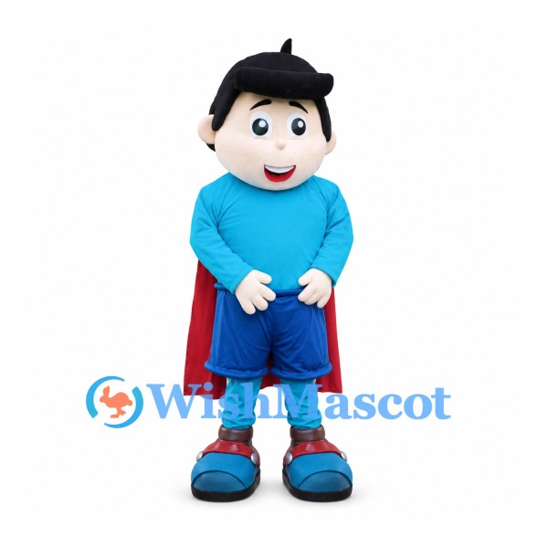 Superhero Mascot Costume with Black Hair and Turquoise Shirt