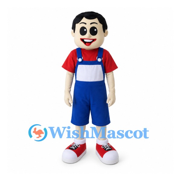 Boy Mascot Costume with Red Shirt and Blue Overalls