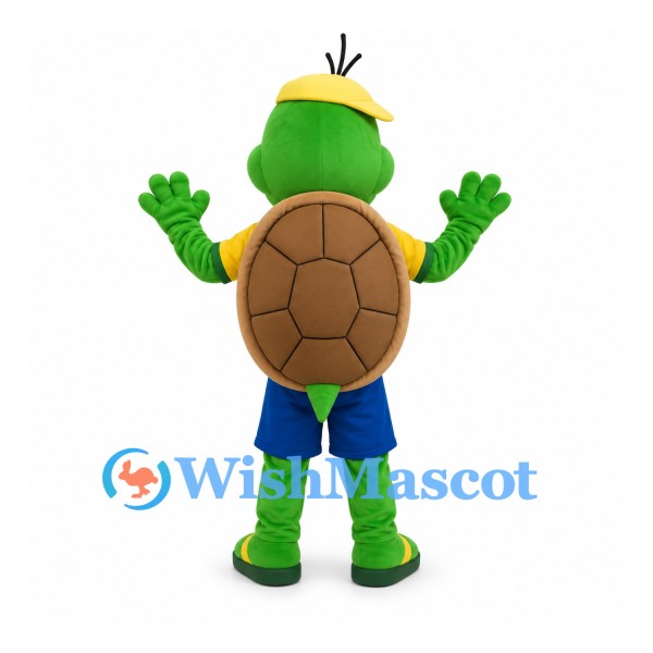 Turtle Mascot Costume with Yellow Cap and Blue Shorts