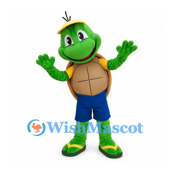 Turtle Mascot Costume with Yellow Cap and Blue Shorts