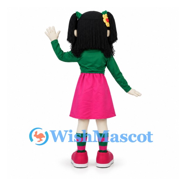 Girl Mascot Costume with Black Pigtails, Glasses and Pink Dress
