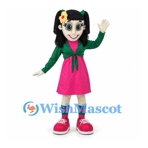 Girl Mascot Costume with Black Pigtails, Glasses and Pink Dress