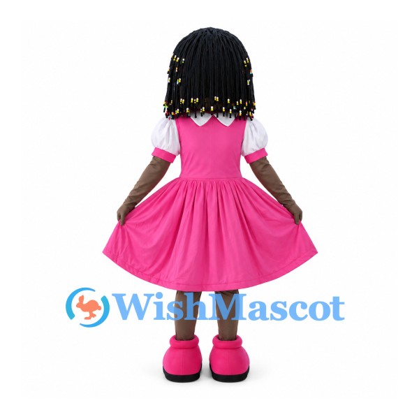 Girl Mascot Costume with Beaded Braids and Pink Dress