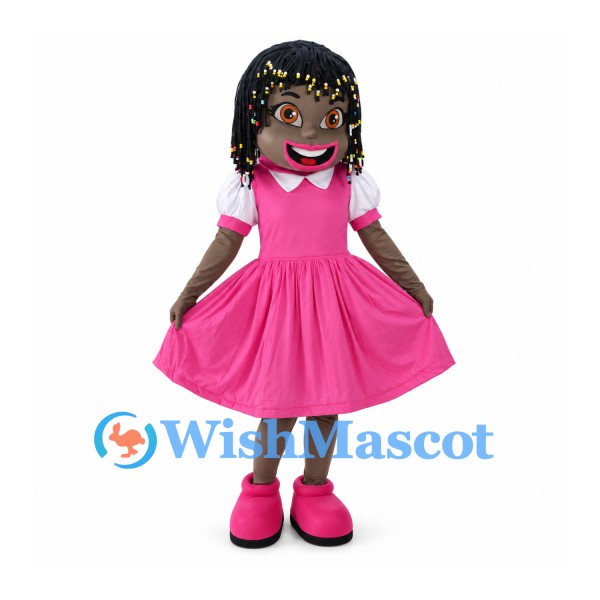 Girl Mascot Costume with Beaded Braids and Pink Dress