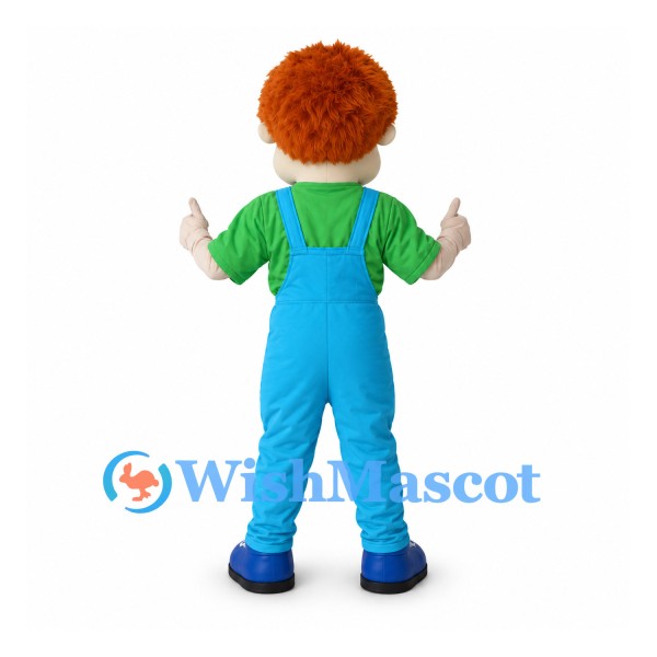 Boy Mascot Costume with Orange Hair and Blue Overalls