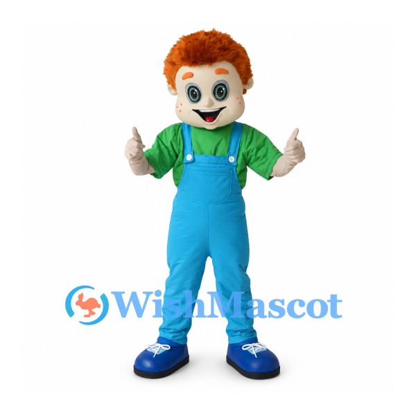 Boy Mascot Costume with Orange Hair and Blue Overalls