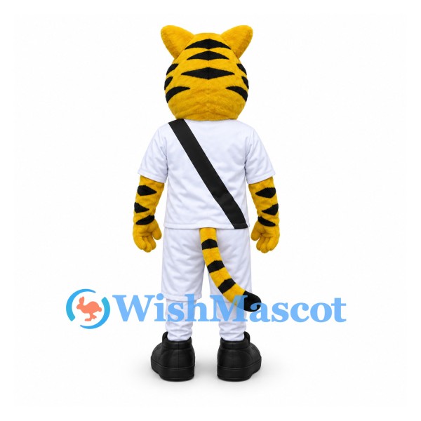 Tiger Mascot Costume with White Sports Uniform and Black Sash