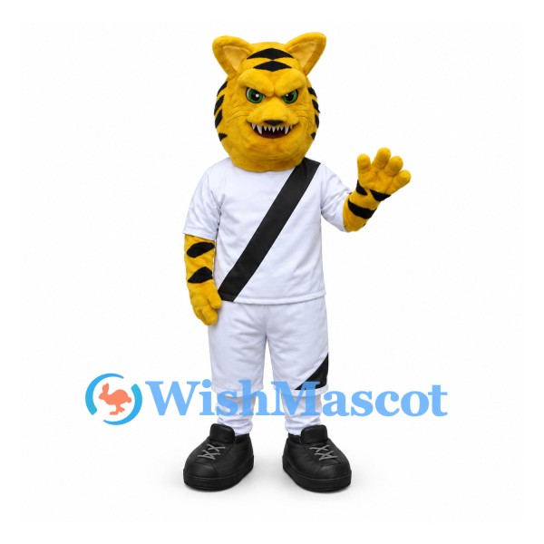 Tiger Mascot Costume with White Sports Uniform and Black Sash