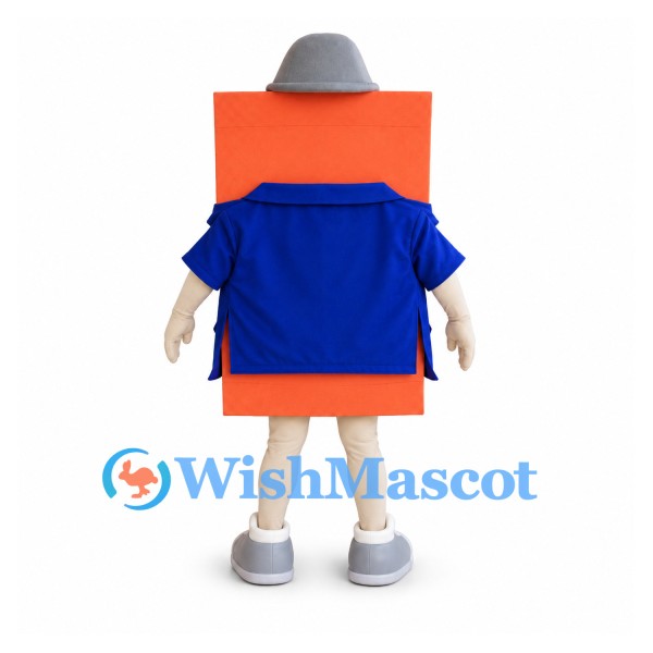 Book Mascot Costume in Orange with Blue Jacket and Gray Hat