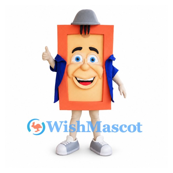 Book Mascot Costume in Orange with Blue Jacket and Gray Hat