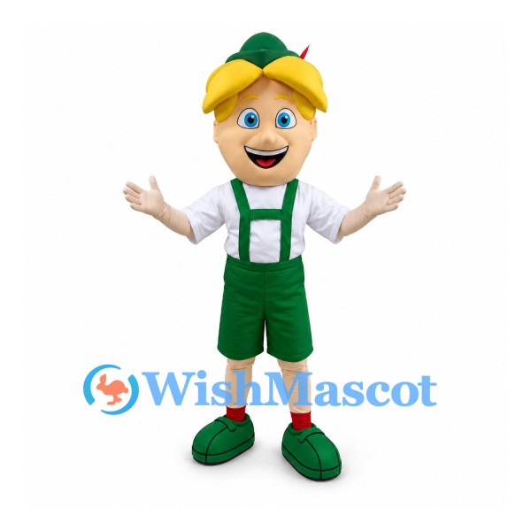 Boy Mascot Costume with Green Hat and Suspender Shorts