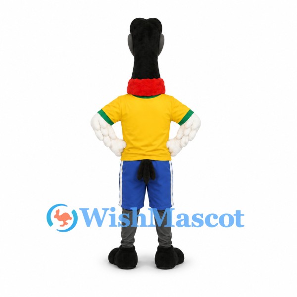 Black Bird Mascot Costume with Yellow Shirt and Blue Shorts