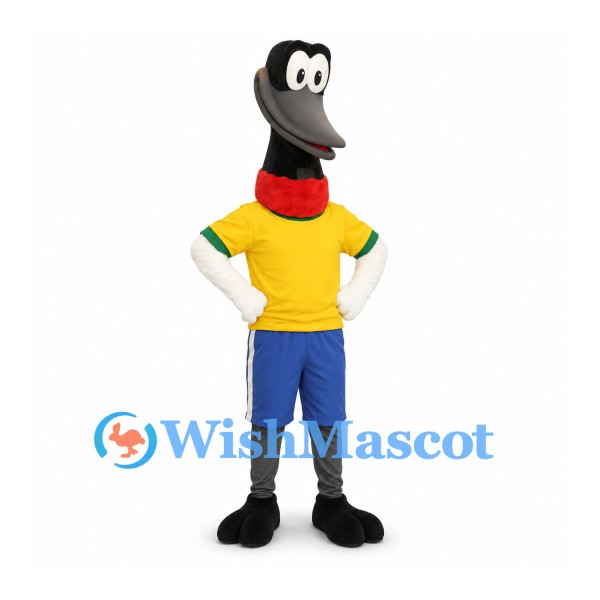 Black Bird Mascot Costume with Yellow Shirt and Blue Shorts