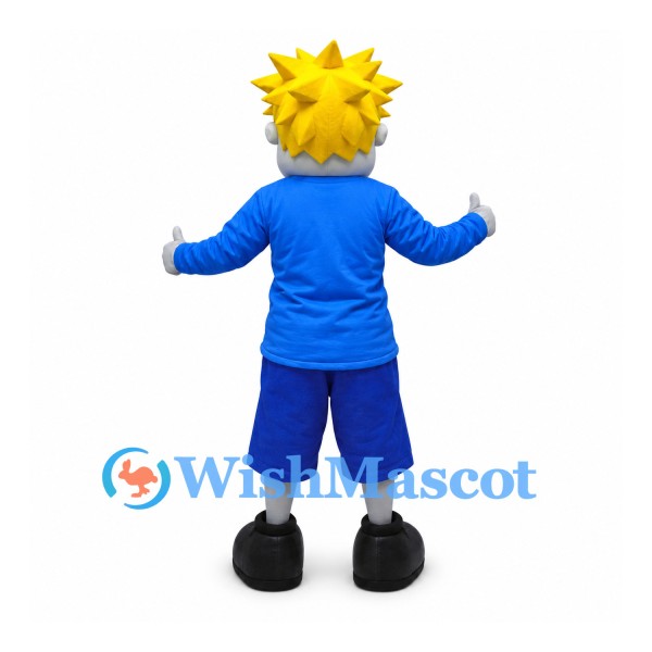 Boy Mascot Costume with Yellow Spiky Hair and Blue Sports Outfit