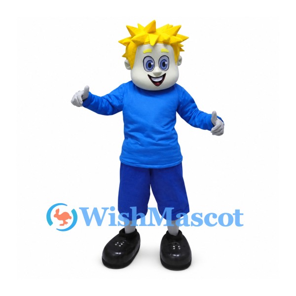 Boy Mascot Costume with Yellow Spiky Hair and Blue Sports Outfit