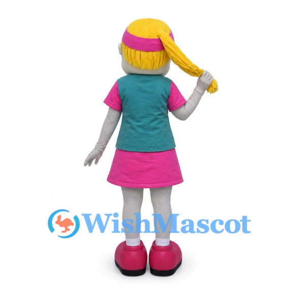 Girl Mascot Costume with Blonde Pigtails and Pink Skirt