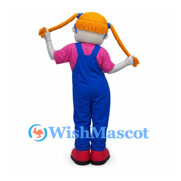 Girl Mascot Costume with Orange Pigtails, Glasses and Blue Overalls