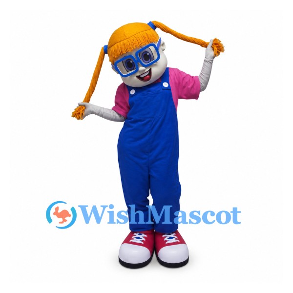 Girl Mascot Costume with Orange Pigtails, Glasses and Blue Overalls