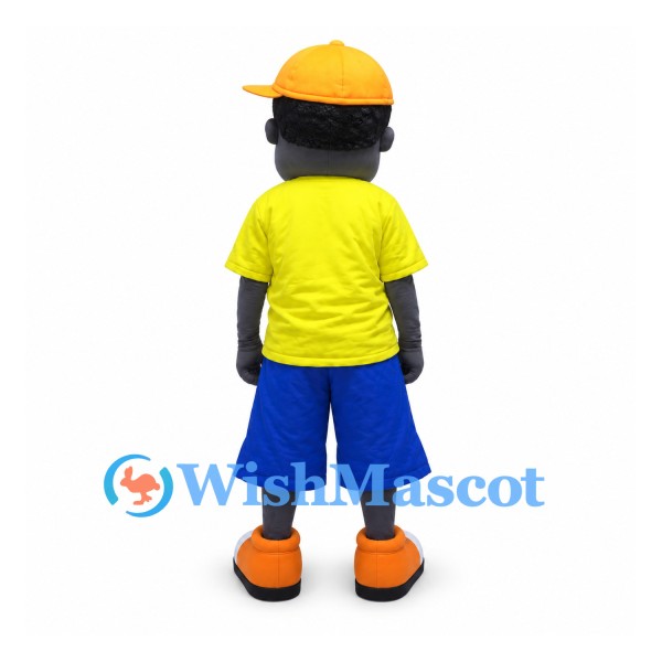 Boy Mascot Costume with Yellow Cap and Blue Shorts